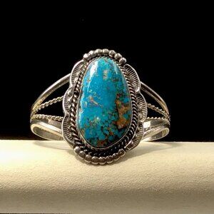 Native American Vintage Turquoise Cuff Sterling Silver Signed 50 Grams 6.75”